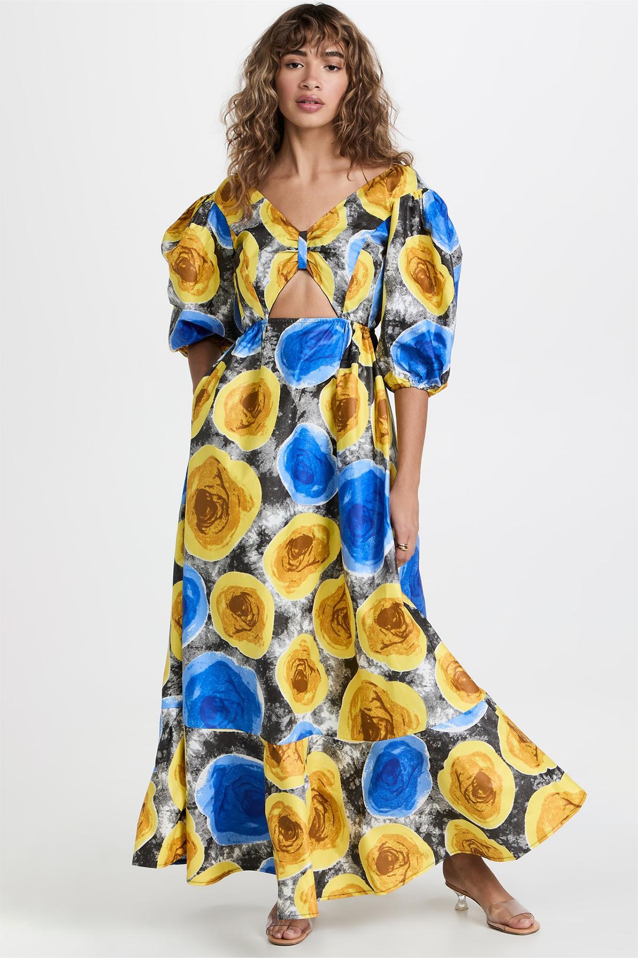 Vestido midi floral con escote en V y mangas abullonadas 