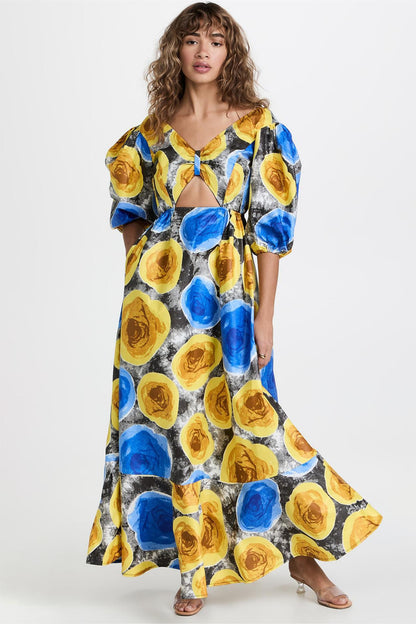 Vestido midi floral con escote en V y mangas abullonadas 