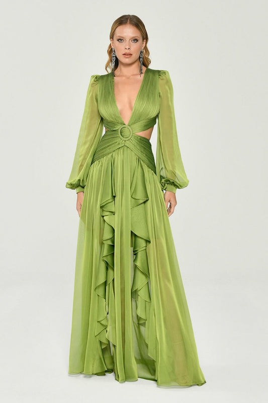 Vestido largo liso con escote en V, volantes y mangas farol divididas 