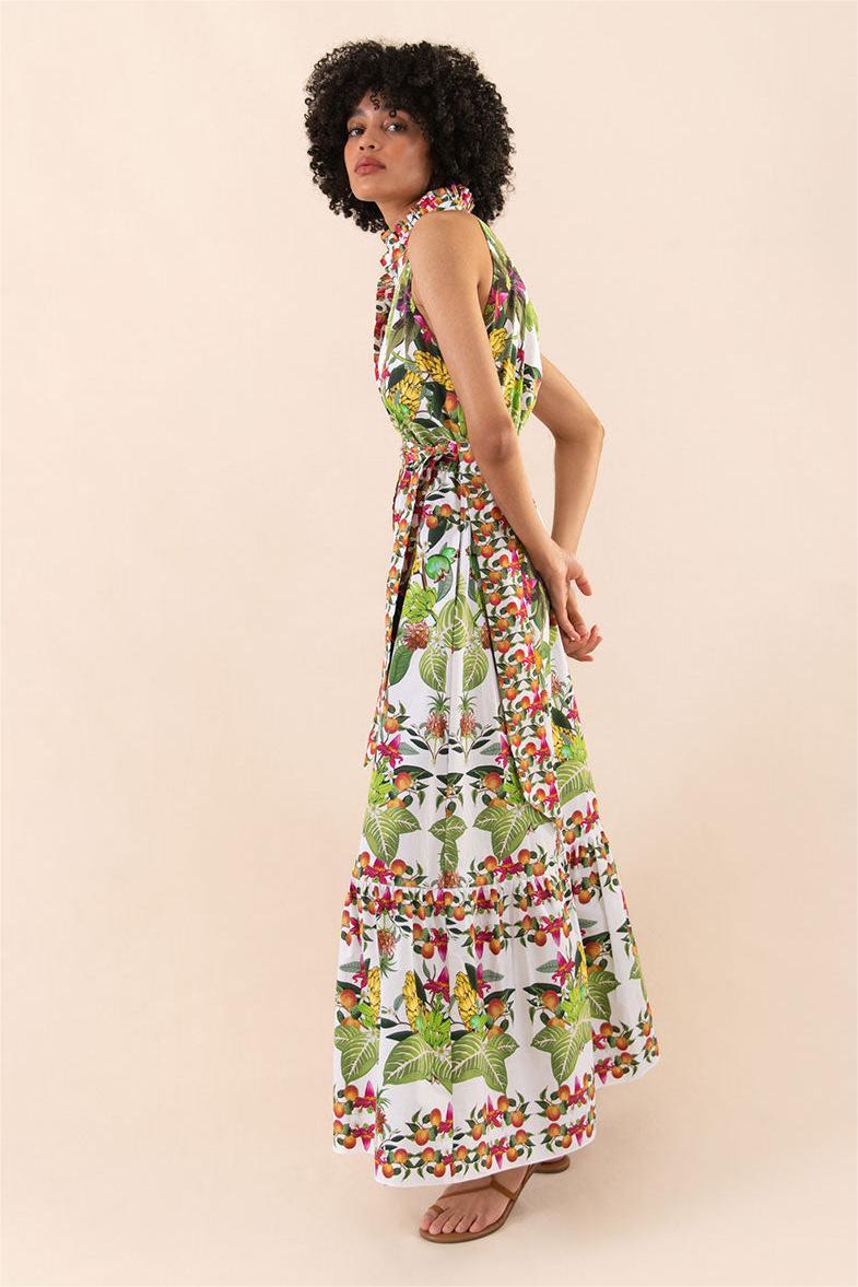 Vestido largo sin mangas con botones y cuello halter botánico 