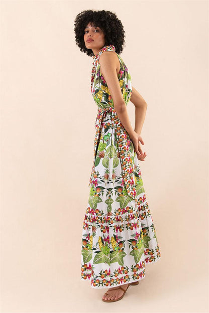 Vestido largo sin mangas con botones y cuello halter botánico 
