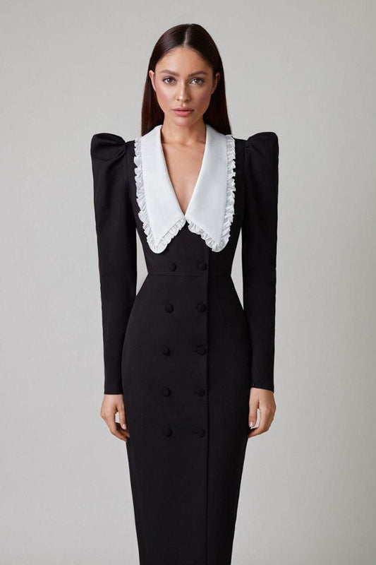 Vestido midi de manga larga con abertura y cuello en contraste con volantes de golondrinas 