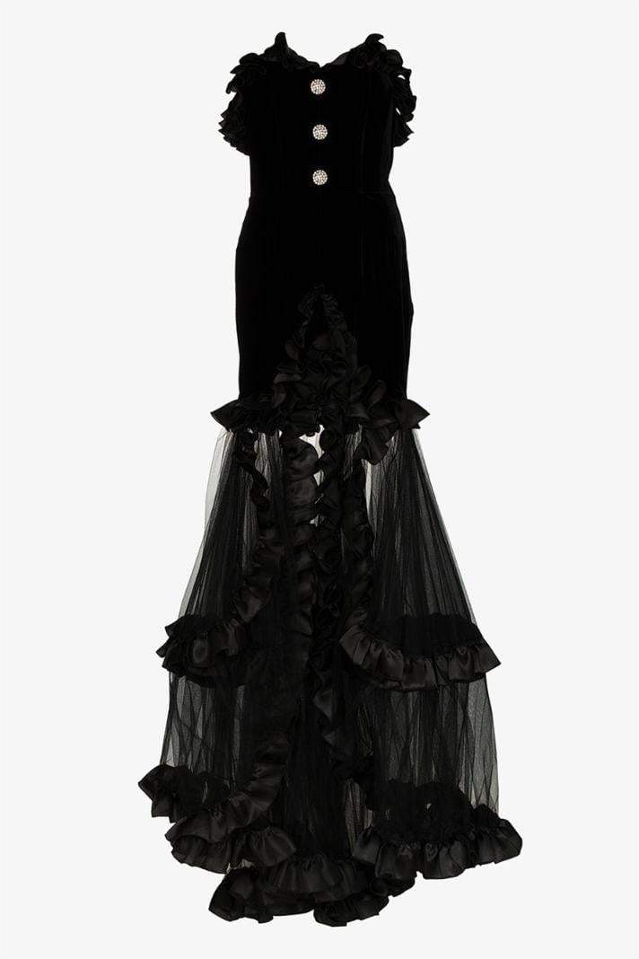 Mesh Knit Frill Strapless Split Maxi Dress