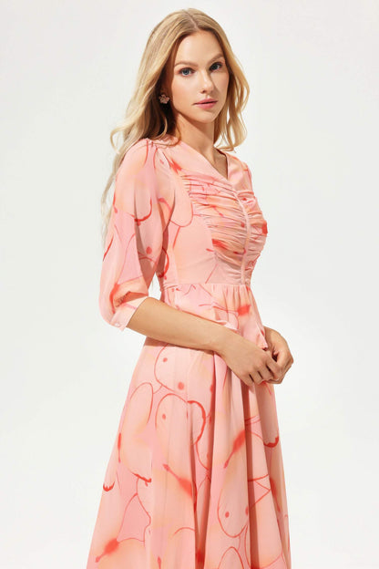 Vestido midi plisado con cuello en V y mangas farol estampadas 