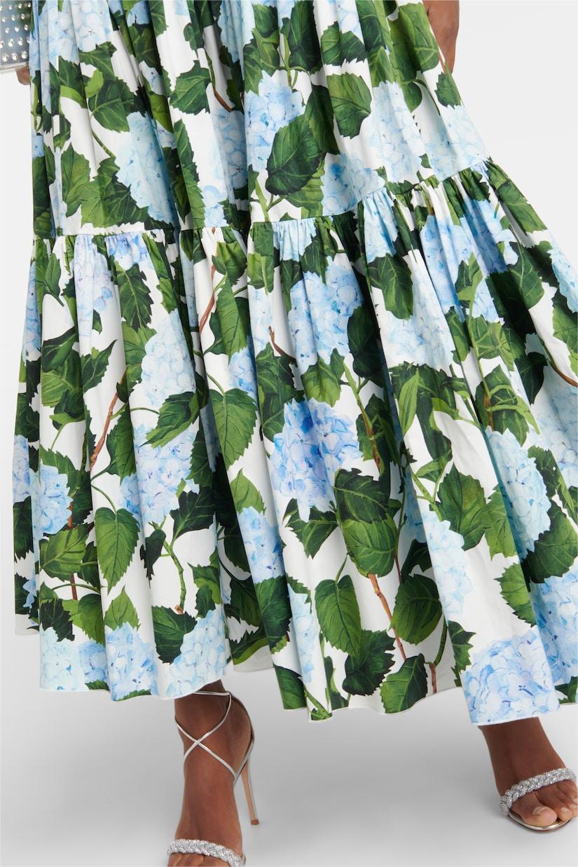 Vestido largo de popelina con hortensias y cuello en V 