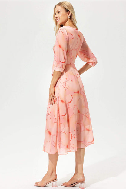 Vestido midi plisado con cuello en V y mangas farol estampadas 