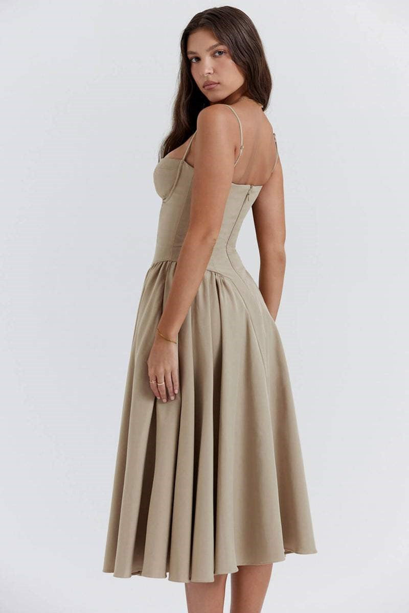 Vestido midi liso con escote en forma de corazón 