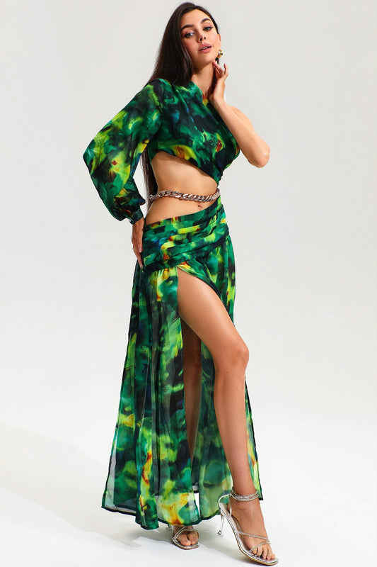 Printed One-Shoulder Cut-Out Ruched Slit Maxi Dress Green