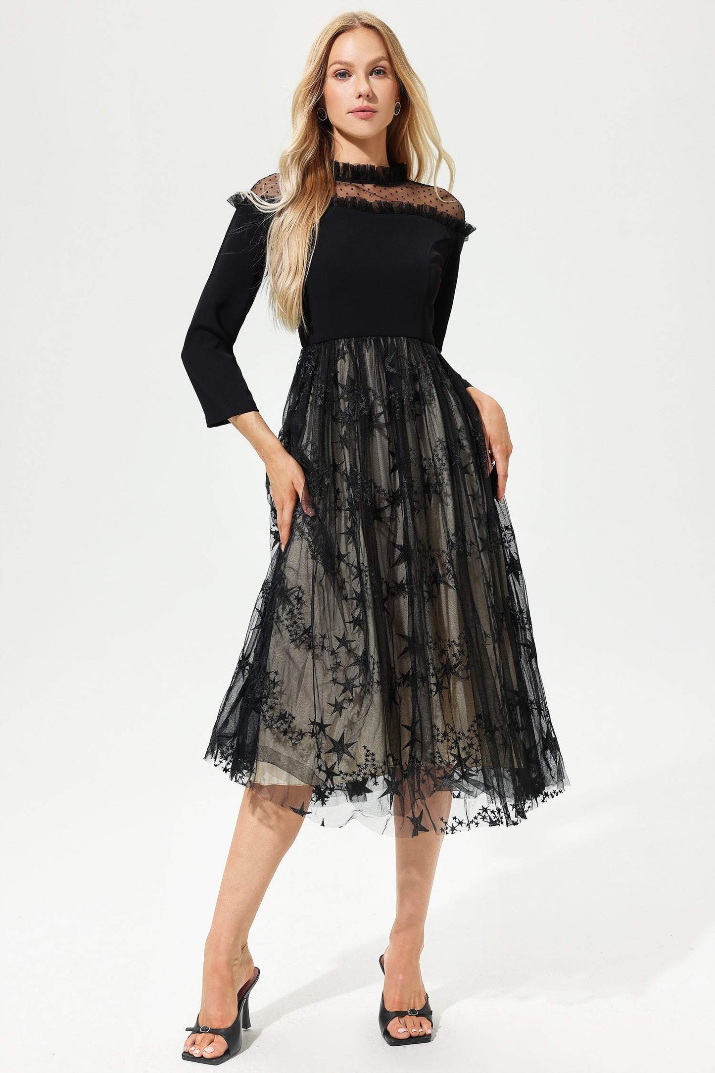 Vestido midi de encaje con cuello redondo y manga larga, color negro 