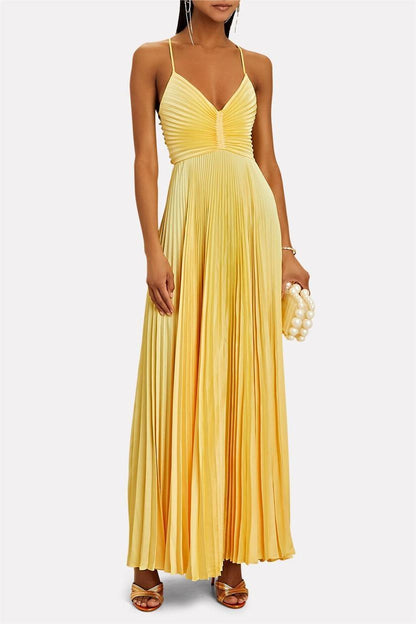 Vestido largo camisola plisado con cuello en V y cordones 