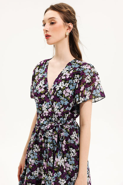 Vestido midi de manga corta con escote en V y estampado floral amarillo 