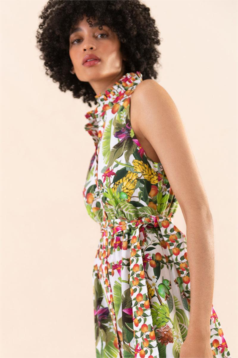 Vestido largo sin mangas con botones y cuello halter botánico 