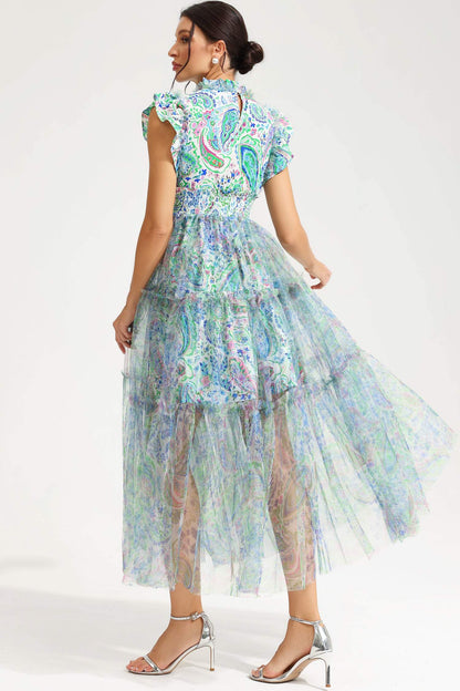 Vestido midi con cuello redondo, mangas onduladas y estampado abstracto 