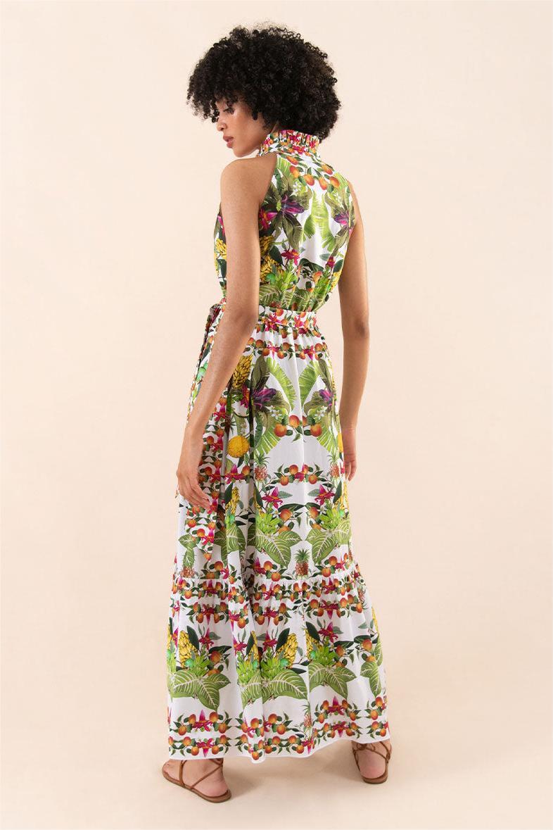 Vestido largo sin mangas con botones y cuello halter botánico 