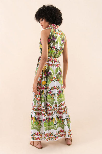 Vestido largo sin mangas con botones y cuello halter botánico 