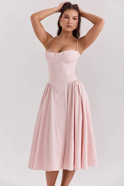 Vestido midi liso con escote en forma de corazón 