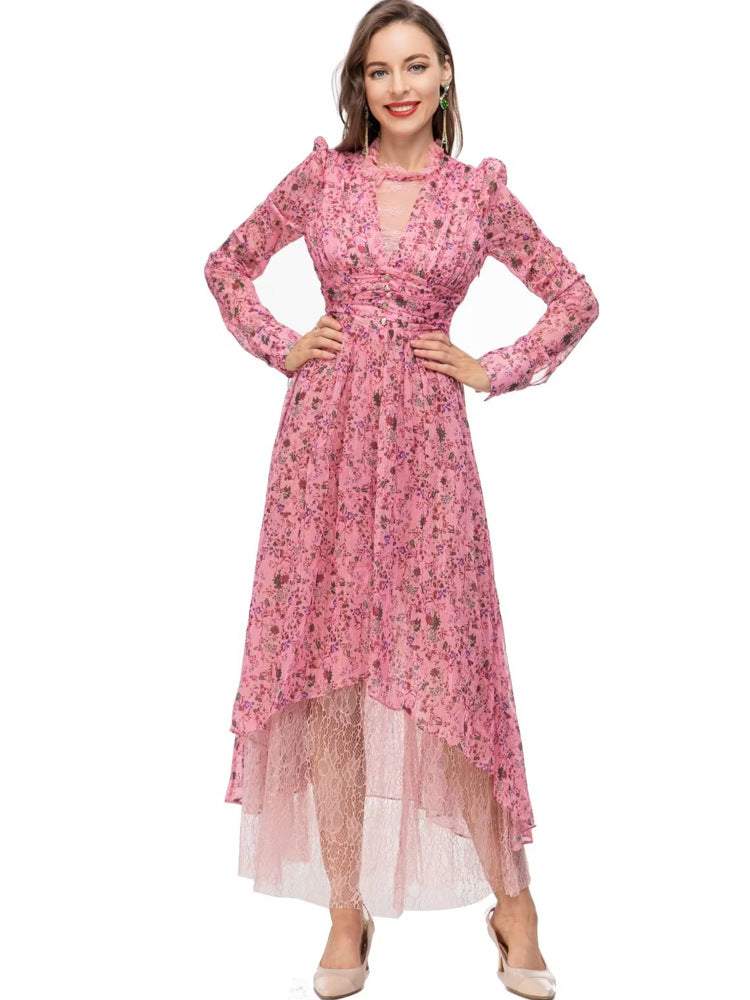 Vestido midi largo floral con cuello redondo y cintura de encaje 