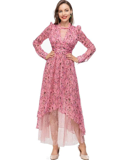 Vestido midi largo floral con cuello redondo y cintura de encaje 