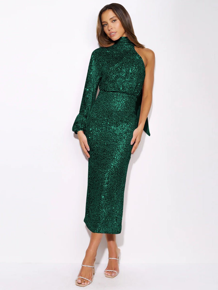 Vestido midi asimétrico con cuello halter y lentejuelas Judith 