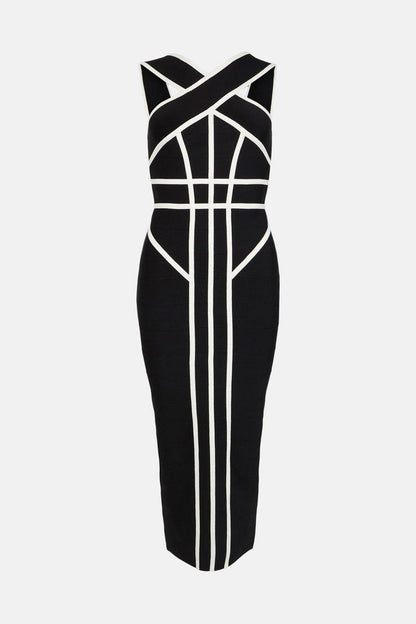 Myrna Cross Strap Color Block Midi Slit Dress
