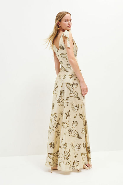 Vestido largo acampanado con nudo y estampado Leila 