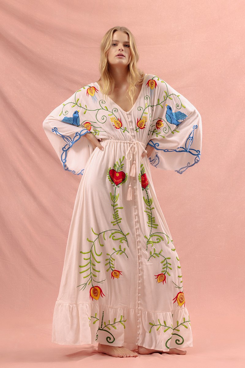 Vestido Lola con cuello en V, encaje y bordado 