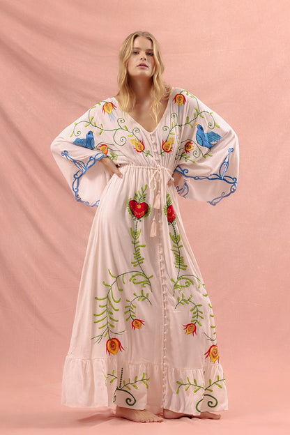 Vestido Lola con cuello en V, encaje y bordado 