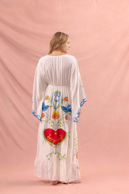 Vestido Lola con cuello en V, encaje y bordado 