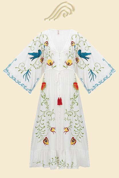 Vestido Lola con cuello en V, encaje y bordado 