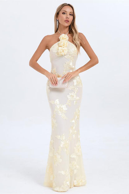 Lorraine Halter Emboidered Floral Maxi Dress