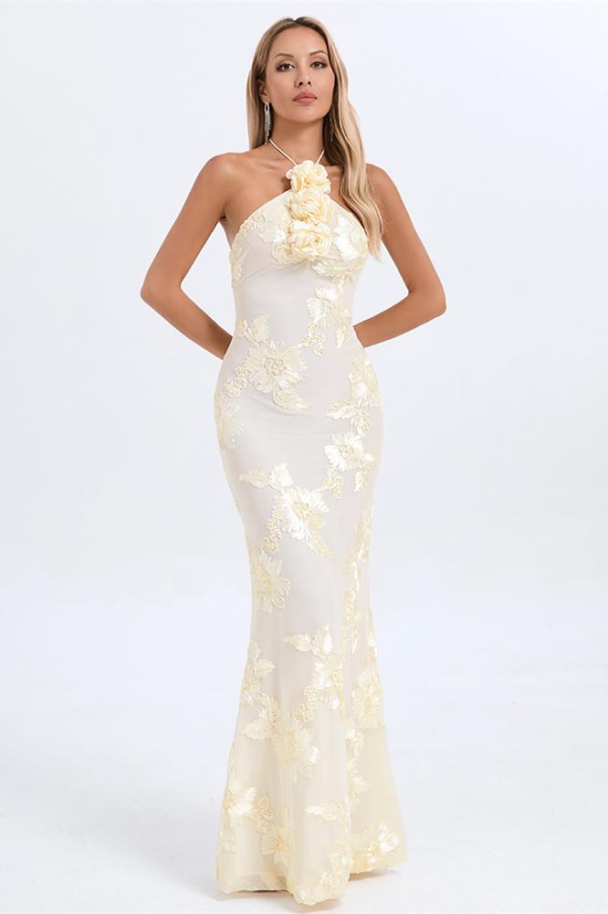 Lorraine Halter Emboidered Floral Maxi Dress