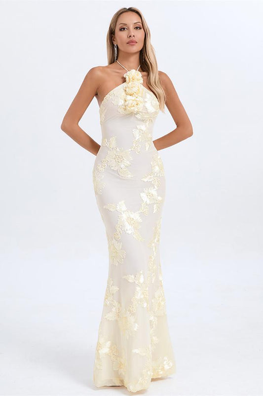 Lorraine Halter Emboidered Floral Maxi Dress