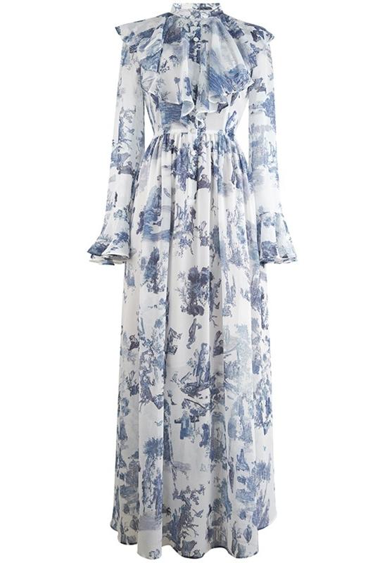 Vestido largo de gasa con volantes y estampado Lucile 