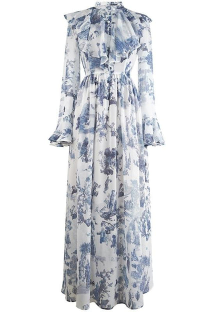 Vestido largo de gasa con volantes y estampado Lucile 