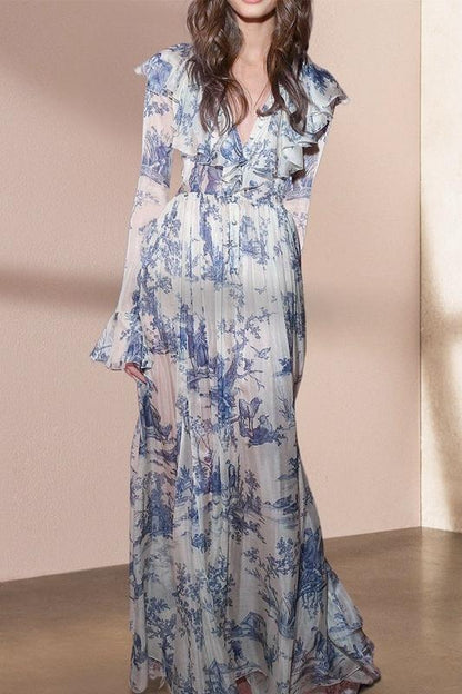 Vestido largo de gasa con volantes y estampado Lucile 