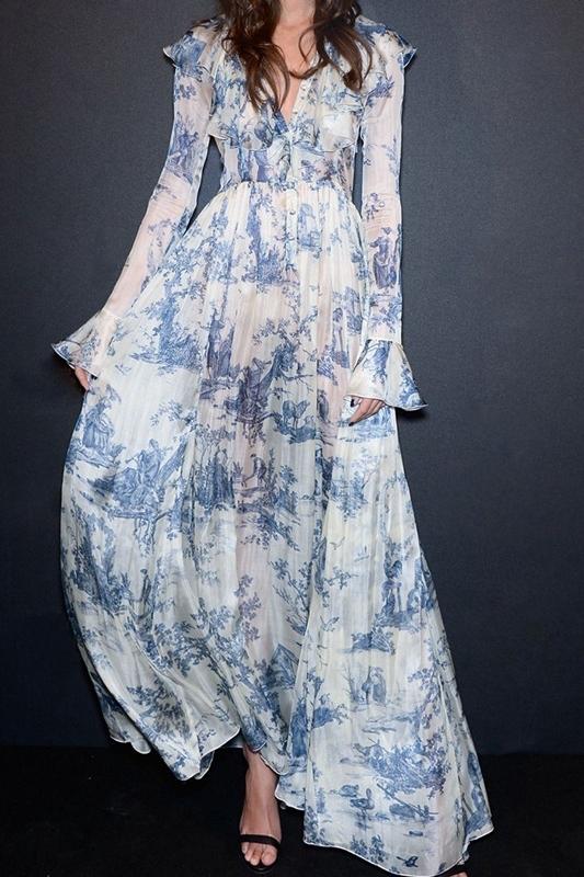 Vestido largo de gasa con volantes y estampado Lucile 