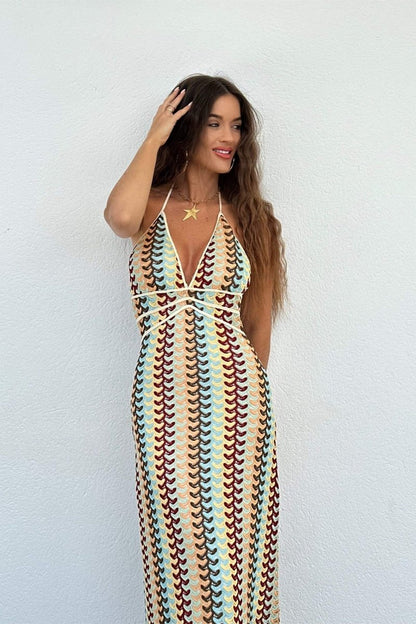Vestido largo de crochet con cuello halter Lydia 