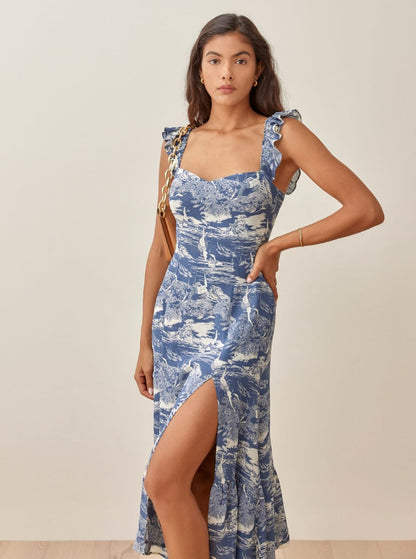 Vestido midi con abertura y volantes estampados Meg 