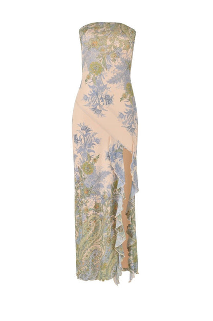Vestido midi con abertura y sin tirantes estampado Melinda 