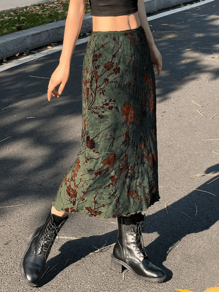 Vintage Mesh Lining Midi Skirt with Floral