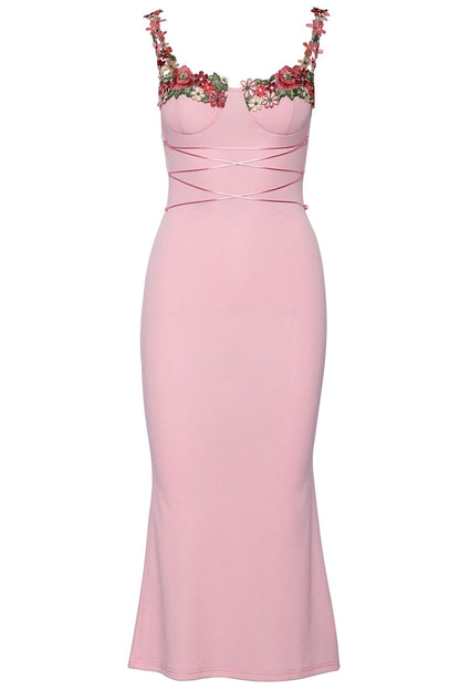 Brenda Embroidered Floral Lace-up Midi Dress