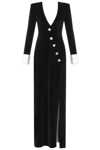 Nico V-neck Diamante Slit Velvet Maxi Dress