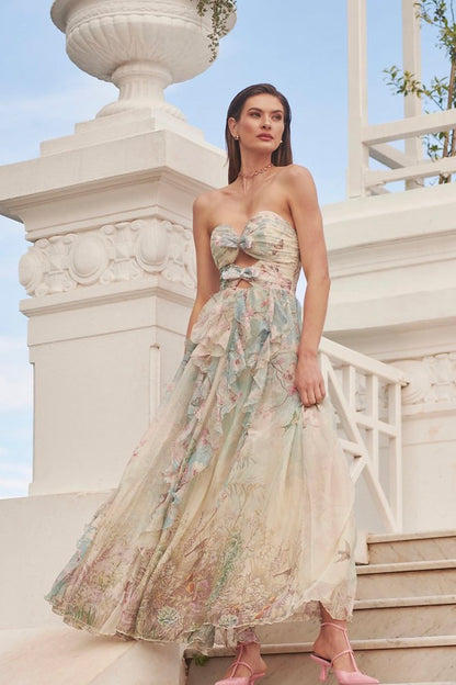 Vestido largo con volantes y aberturas estampado Octavia 