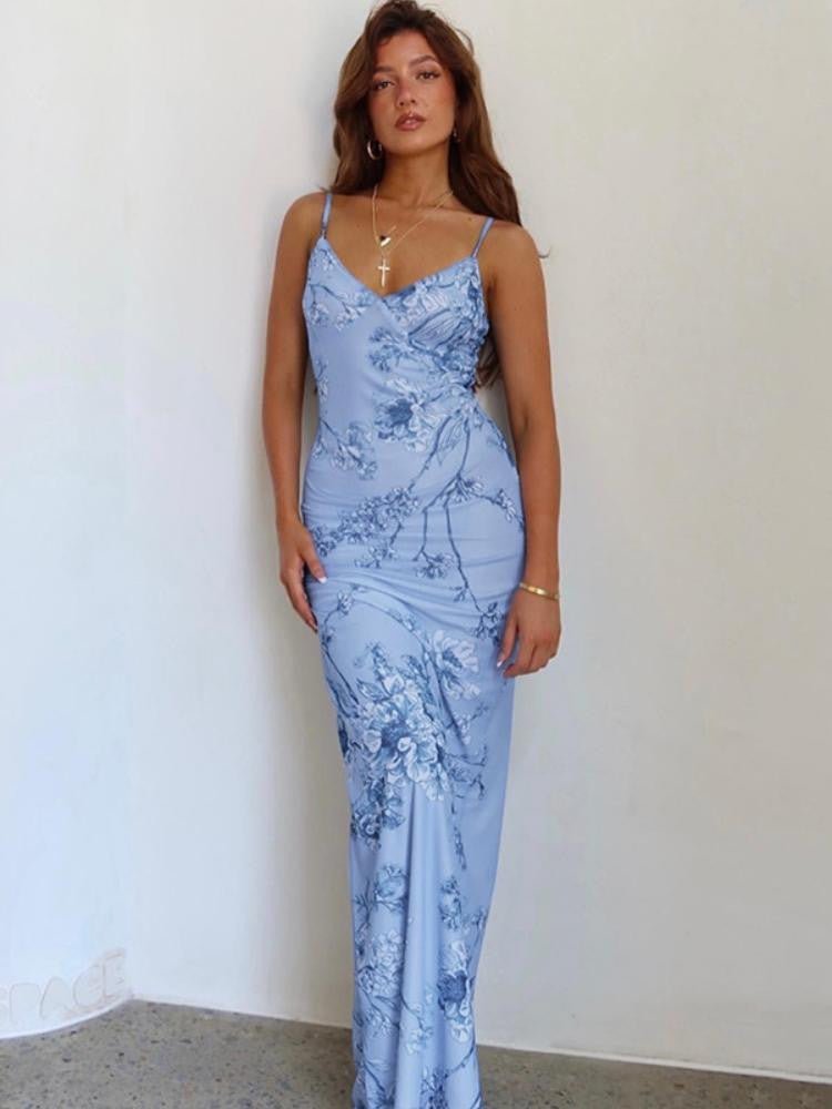 Vestido lencero largo con estampado de orquídeas 