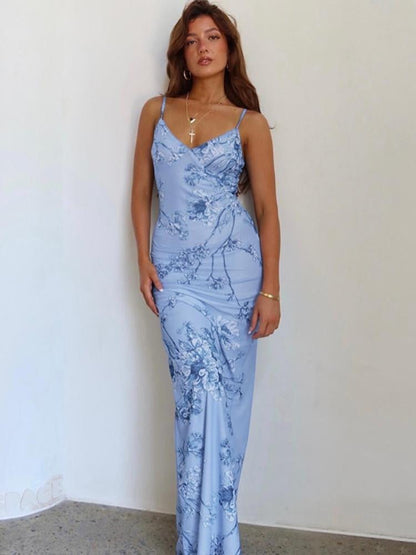 Vestido lencero largo con estampado de orquídeas 