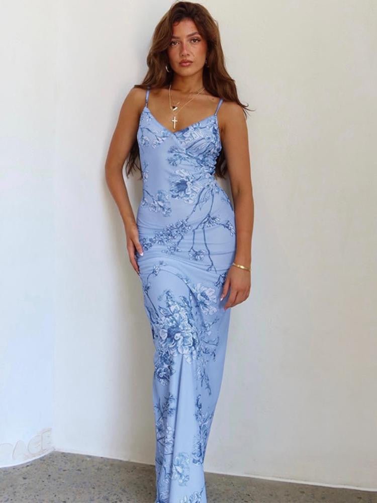 Vestido lencero largo con estampado de orquídeas 