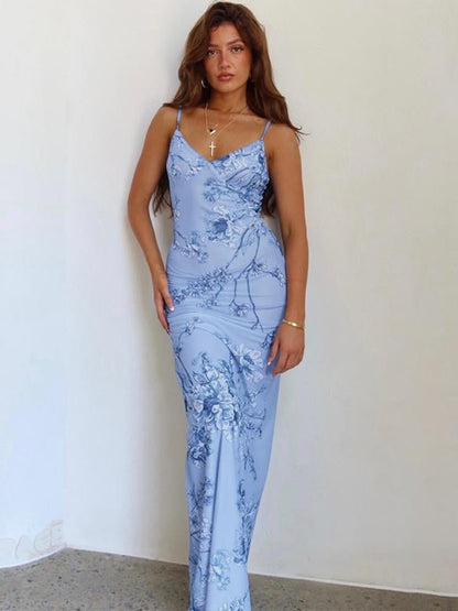 Vestido lencero largo con estampado de orquídeas 