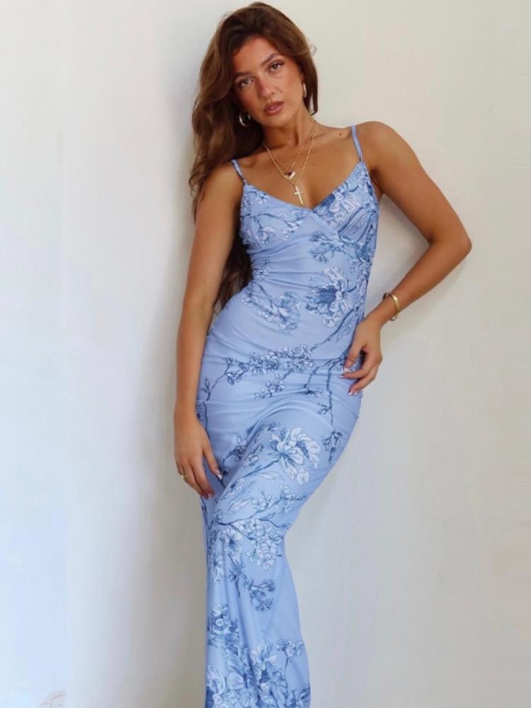 Vestido lencero largo con estampado de orquídeas 