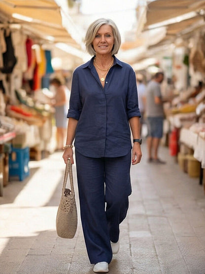 Vivian | Women's Casual Button-Down Shirt and Wide-Leg Pants Set