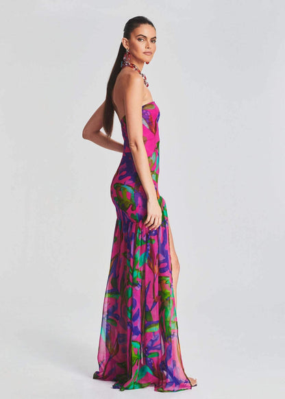 Vestido largo sin tirantes con abertura y estampado Pam 